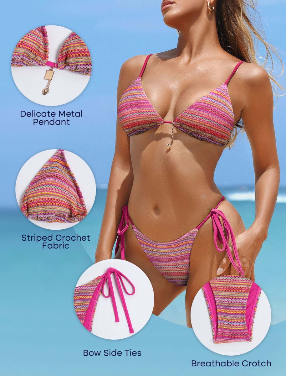 ZAFUL Bikini Sets for Women Crochet Swimsuits Striped Triangle Knit Cheeky Bikini Two Piece Swimwear Side Tie Bathing Suits, A-rose Pink, Medium thumbnail 4