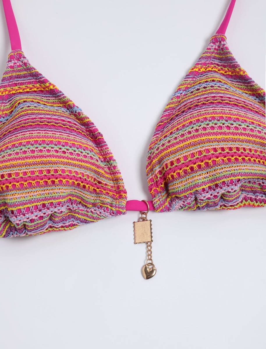ZAFUL Bikini Sets for Women Crochet Swimsuits Striped Triangle Knit Cheeky Bikini Two Piece Swimwear Side Tie Bathing Suits, A-rose Pink, Medium thumbnail 5