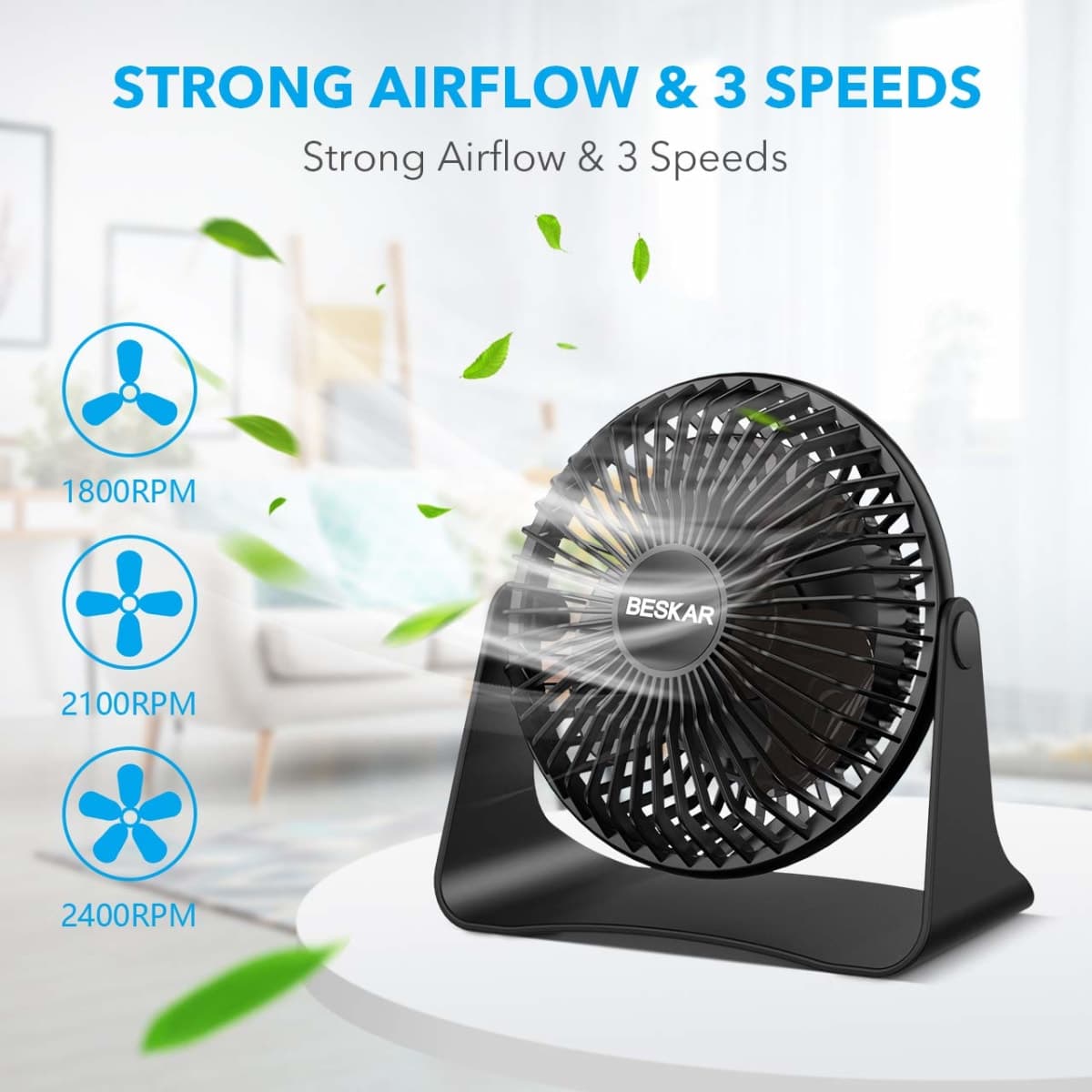 BESKAR USB Small Desk Fan, Portable Fans with 3 Speeds Strong Airflow, Quiet Operation and 360°Rotate, Personal Table Fan for Home,Office, Bedroom thumbnail 2