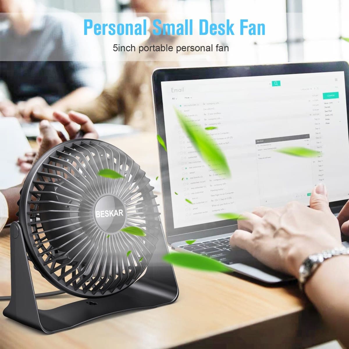 BESKAR USB Small Desk Fan, Portable Fans with 3 Speeds Strong Airflow, Quiet Operation and 360°Rotate, Personal Table Fan for Home,Office, Bedroom thumbnail 3
