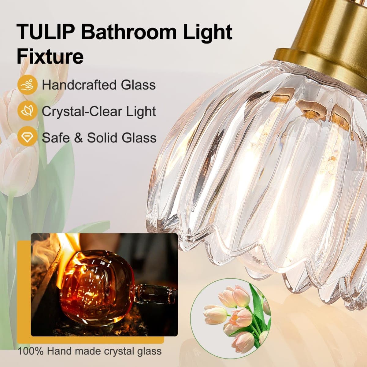 4-Light Bathroom Light Fixtures, 27" Brushed Gold Vanity Lights for Bathroom with Ribbed Clear Tulip Glass Shade, Vintage Bathroom Vanity Lighting Fixtures Over Mirror for Bedroom Living Room Hallway thumbnail 3