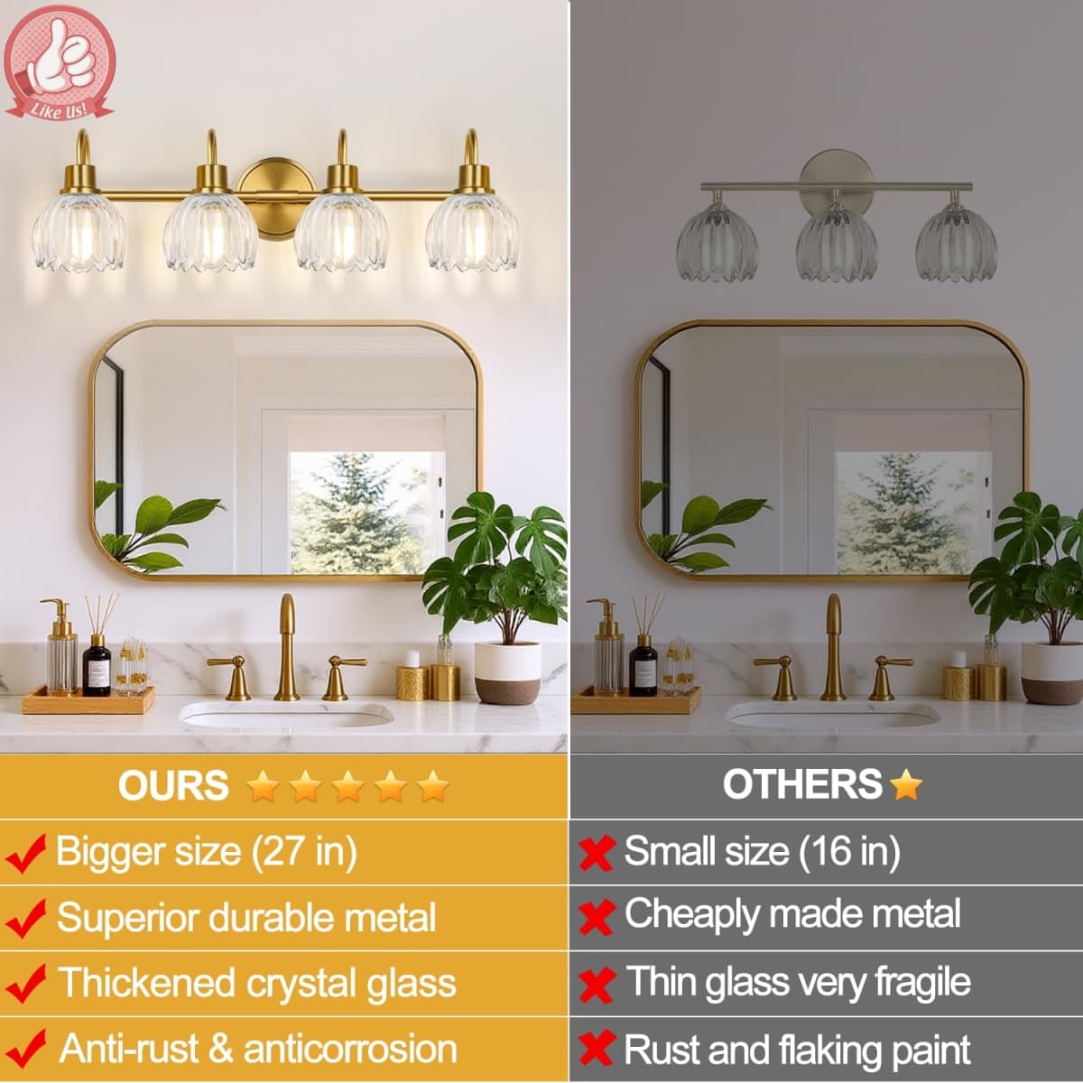 4-Light Bathroom Light Fixtures, 27" Brushed Gold Vanity Lights for Bathroom with Ribbed Clear Tulip Glass Shade, Vintage Bathroom Vanity Lighting Fixtures Over Mirror for Bedroom Living Room Hallway thumbnail 4