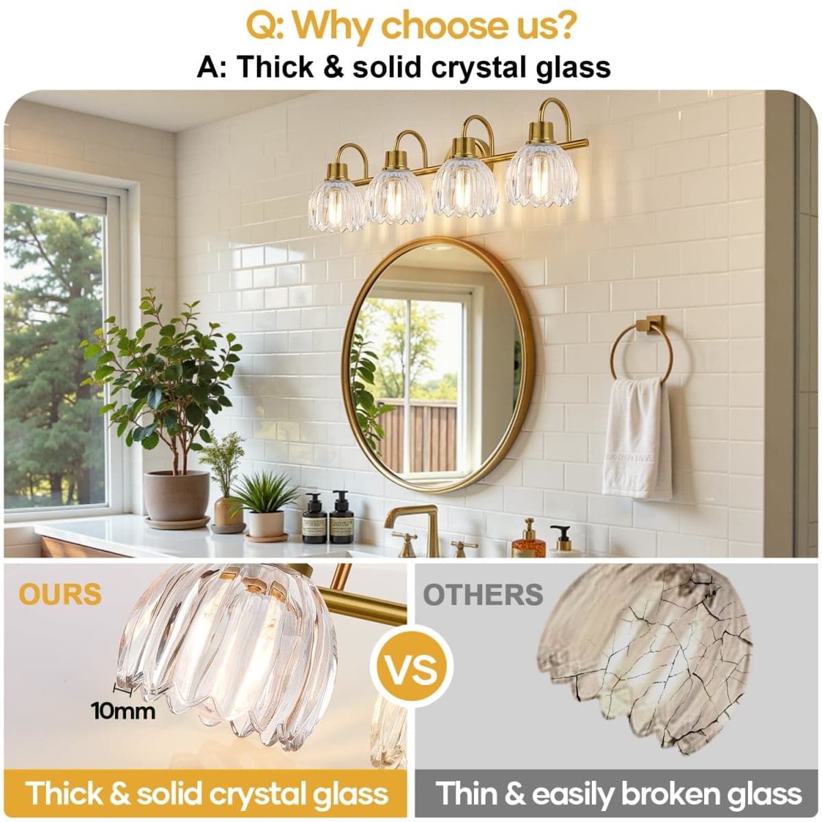 4-Light Bathroom Light Fixtures, 27" Brushed Gold Vanity Lights for Bathroom with Ribbed Clear Tulip Glass Shade, Vintage Bathroom Vanity Lighting Fixtures Over Mirror for Bedroom Living Room Hallway thumbnail 5
