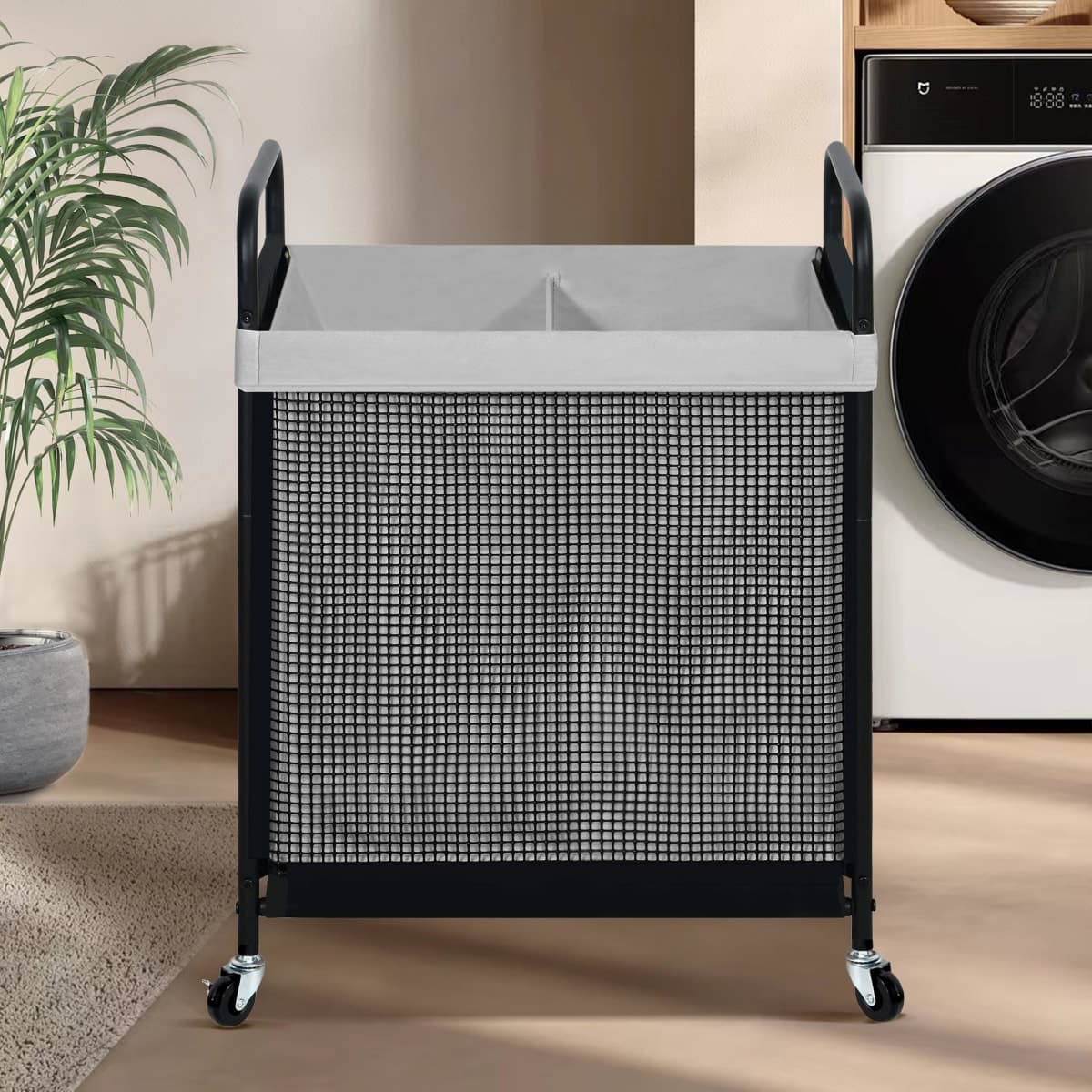 STO STO Laundry Hamper 2 Section, 100L Rolling Laundry Sorter Cart with Removable and Washable Liner Bag, Clothes Hamper with Wheels and Metal Handle for Laundry Room and Bedroom, Gray thumbnail 2