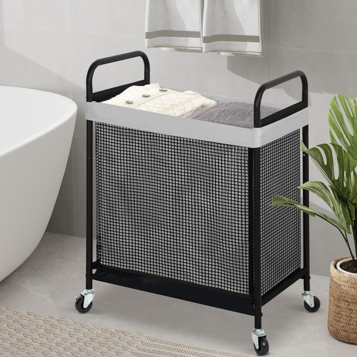 STO STO Laundry Hamper 2 Section, 100L Rolling Laundry Sorter Cart with Removable and Washable Liner Bag, Clothes Hamper with Wheels and Metal Handle for Laundry Room and Bedroom, Gray thumbnail 3