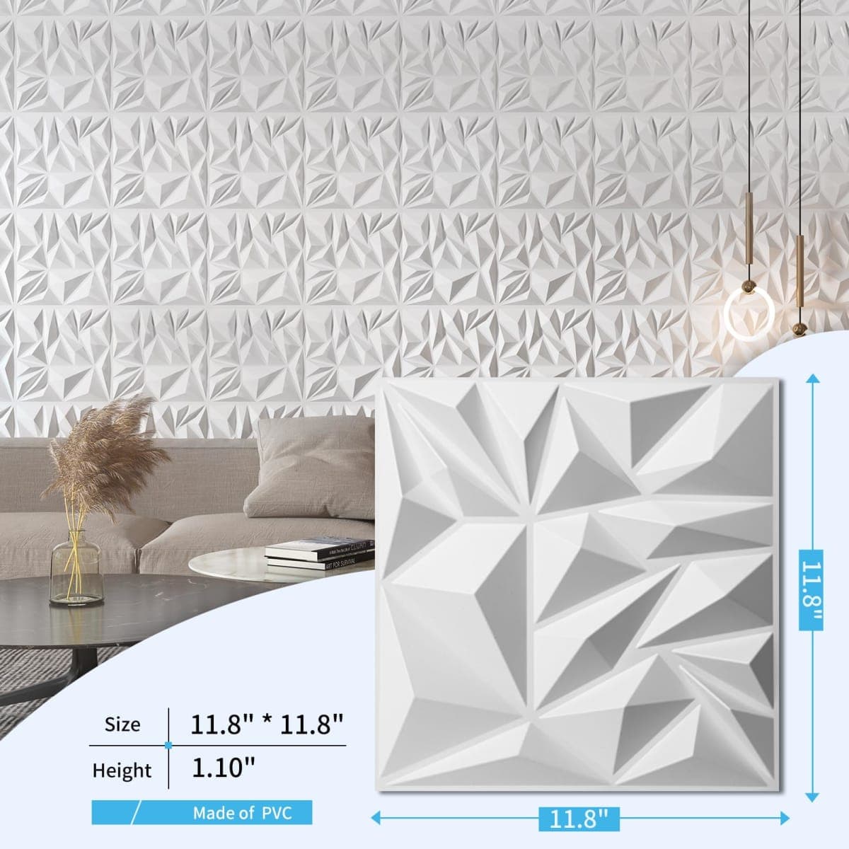 Art3d 3D Diamond Wall Panels White thumbnail 4