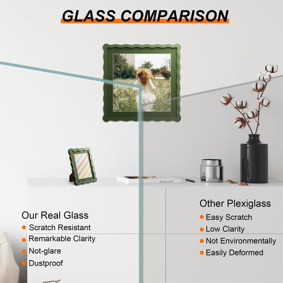 THKRLOF 8x8 Picture Frame with Mat for 6x6, Wavy Edge Wooden Real Glass Photo Frame for Tabletop and Wall Hanging, Green, 1 Pack thumbnail 2