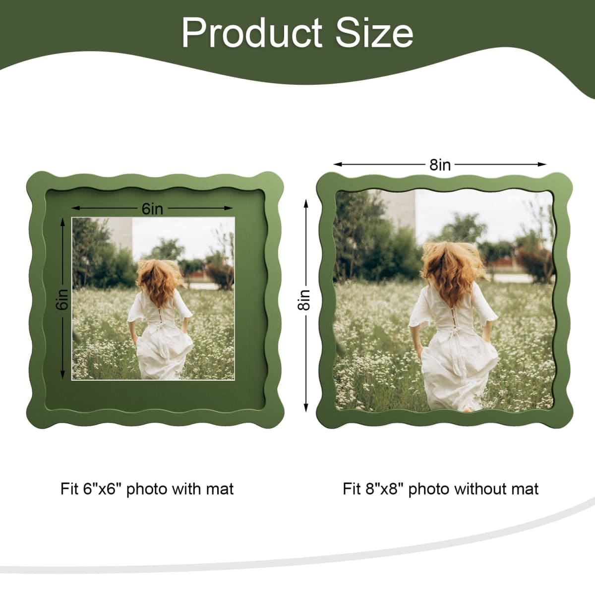THKRLOF 8x8 Picture Frame with Mat for 6x6, Wavy Edge Wooden Real Glass Photo Frame for Tabletop and Wall Hanging, Green, 1 Pack thumbnail 3
