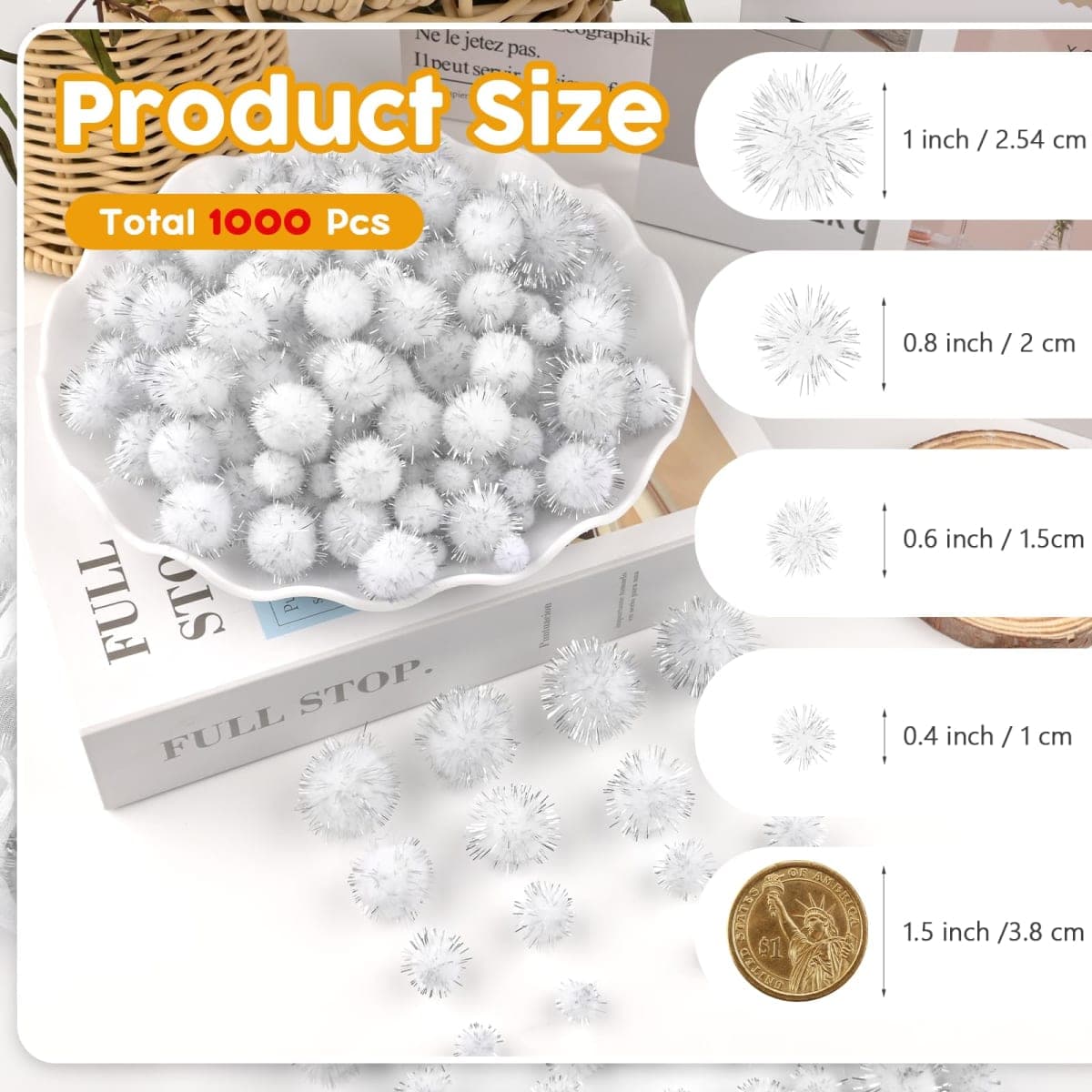 NACHLYNN 1000 Glitter Pom Poms Bulk 4 Sizes Assorted Multicolor Soft Fluffy Pom Poms for Crafts DlY Decorations Activities with A Storage Bag (White) thumbnail 2