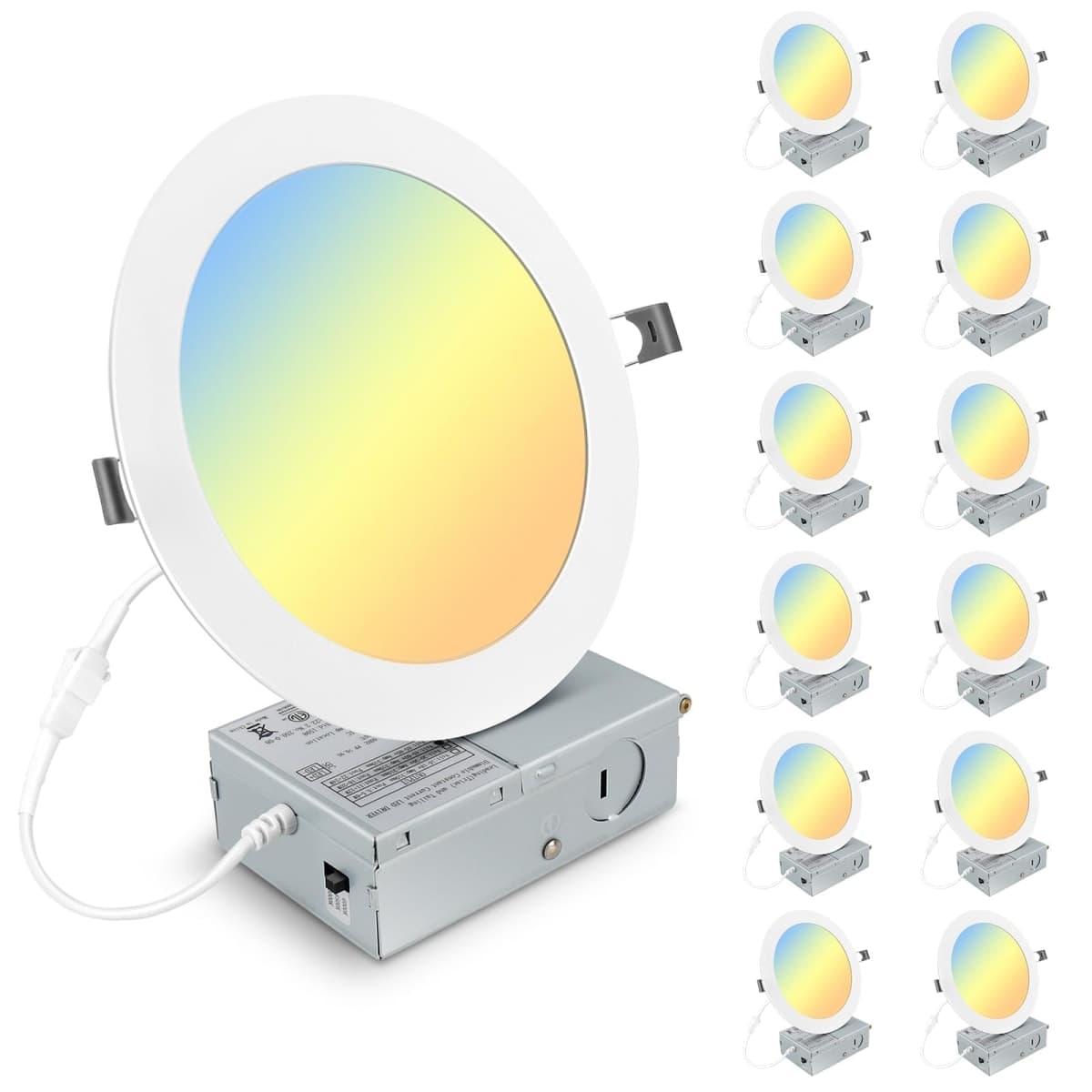 Elaruslux 12 Pack 7 Inch 3CCT Ultra-Thin LED Recessed Light with Junction Box, 3000K/4500K/6000K Selectable, 18W Eqv 125W, Dimmable Canless Downlight, 1600LM High Brightness — image 1