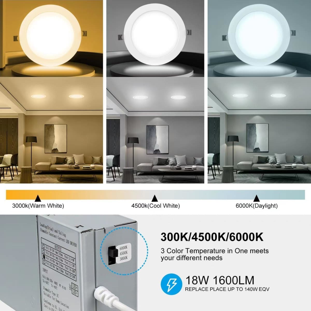 Elaruslux 12 Pack 7 Inch 3CCT Ultra-Thin LED Recessed Light with Junction Box, 3000K/4500K/6000K Selectable, 18W Eqv 125W, Dimmable Canless Downlight, 1600LM High Brightness thumbnail 2