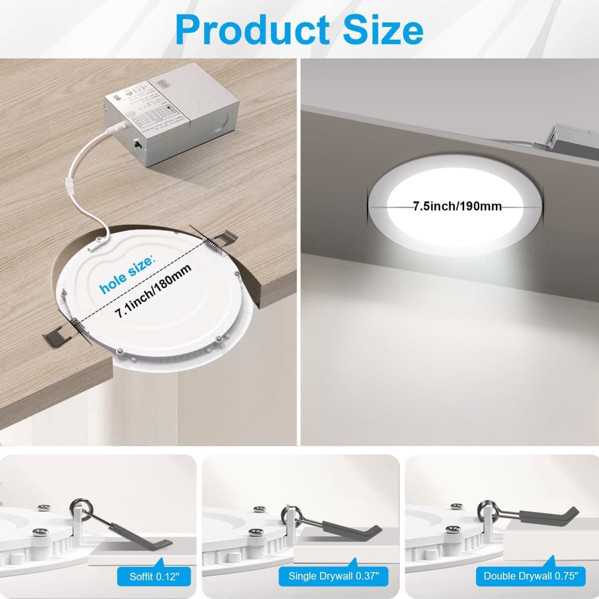 Elaruslux 12 Pack 7 Inch 3CCT Ultra-Thin LED Recessed Light with Junction Box, 3000K/4500K/6000K Selectable, 18W Eqv 125W, Dimmable Canless Downlight, 1600LM High Brightness thumbnail 5