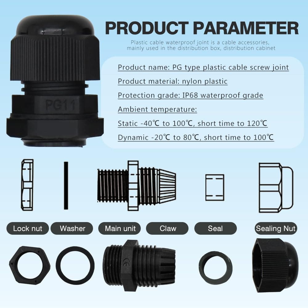 MAKERELE PG11 Cable Glands in Bag strain relief Plastic Cable Gland Waterproof IP68 Wire Glands Adjustable Locknut for 6.5mm-10.2mm Wire(20pcs)，Black, with Gaskets thumbnail 4