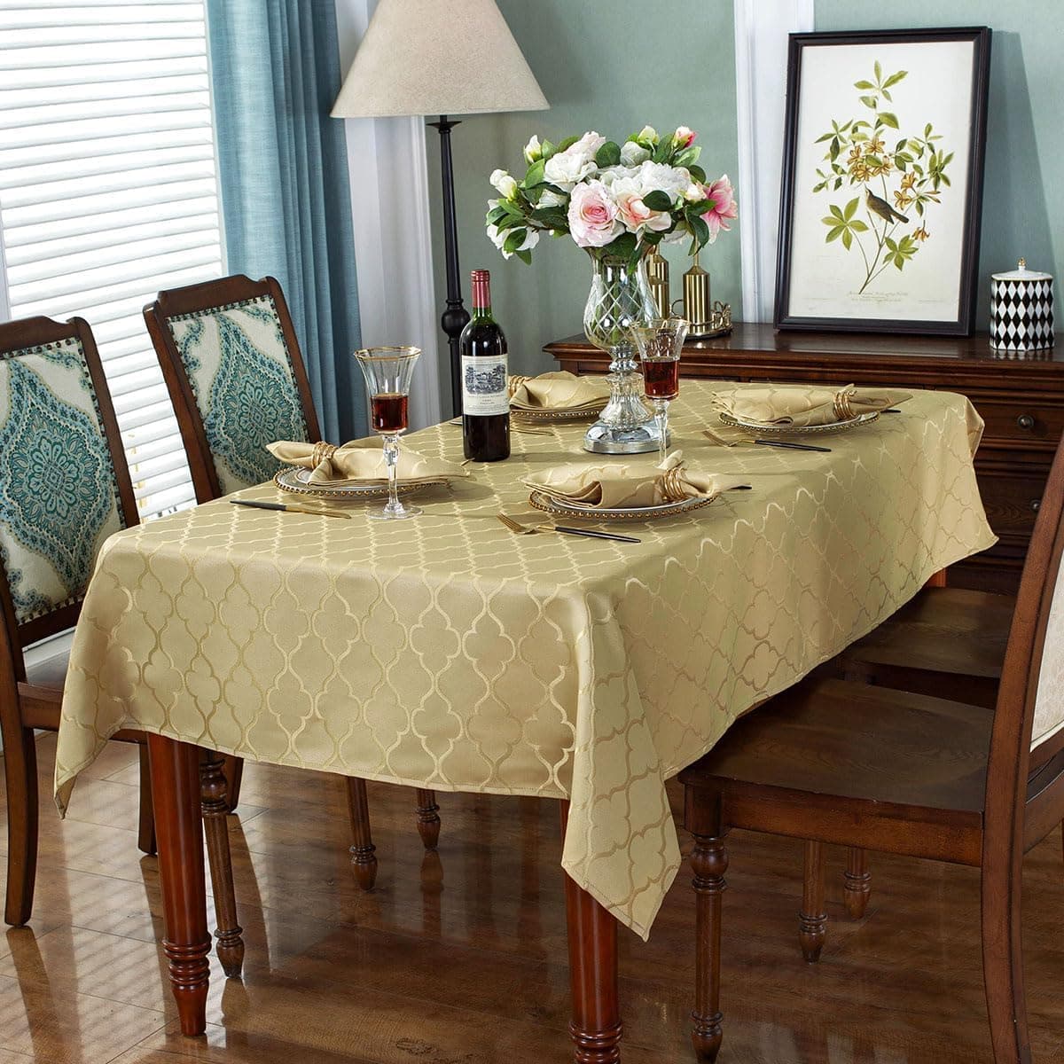 SASTYBALE Jacquard Christmas Tablecloth Flower Pattern Polyester Table Cloth Spill Proof Dust-Proof Table Cover for Kitchen Dining Tabletop Decoration (Rectangle, 60" x 102" (8-10 Seats),Gold) thumbnail 2