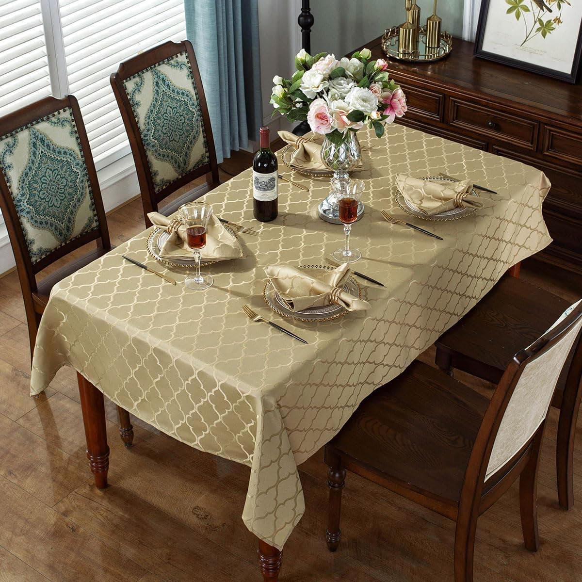 SASTYBALE Jacquard Christmas Tablecloth Flower Pattern Polyester Table Cloth Spill Proof Dust-Proof Table Cover for Kitchen Dining Tabletop Decoration (Rectangle, 60" x 102" (8-10 Seats),Gold) thumbnail 3