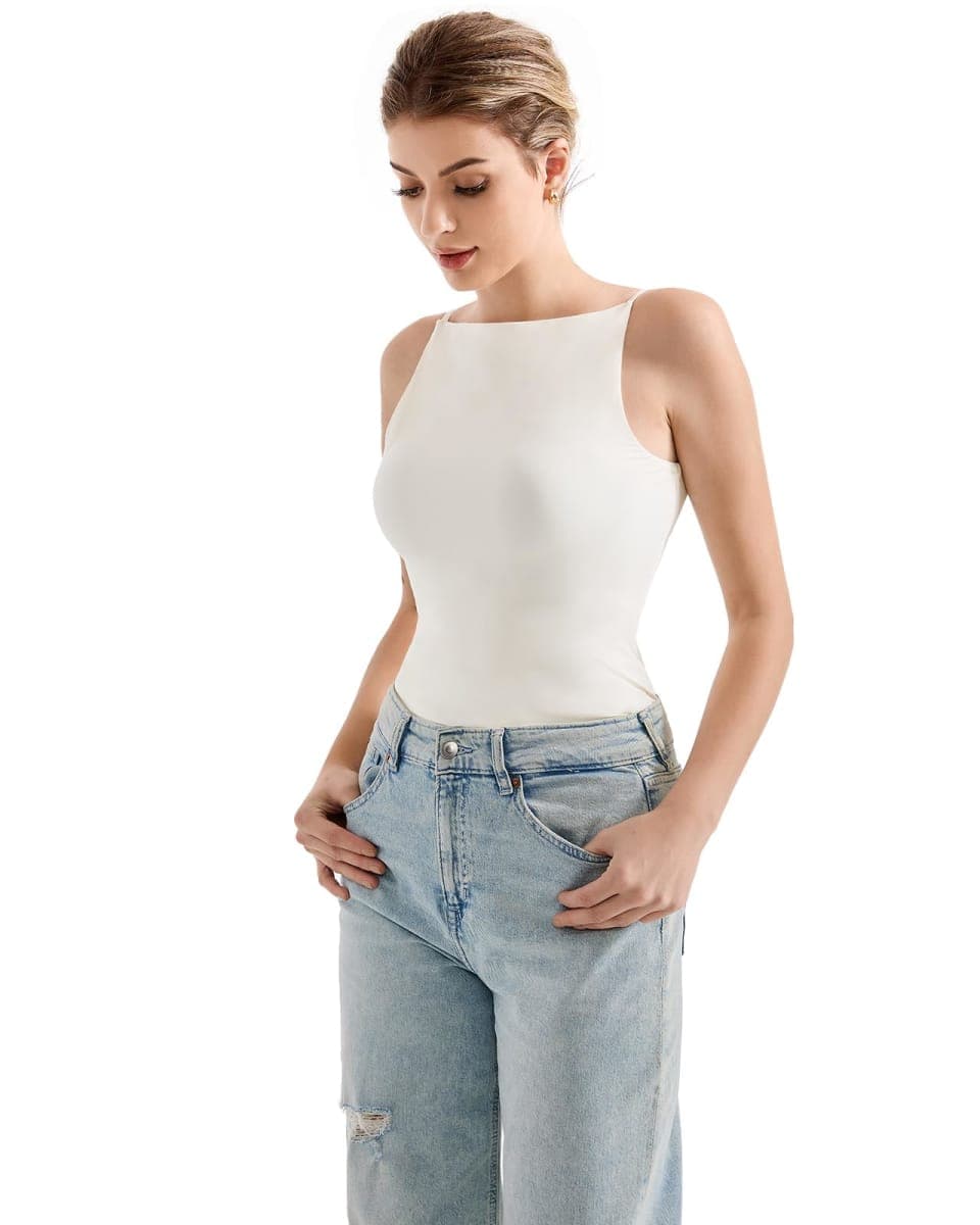 SUUKSESS Women Sleeveless Halter Boat Neck Summer Basic Shirts Cami Tank Tops, White, X-Small thumbnail 2