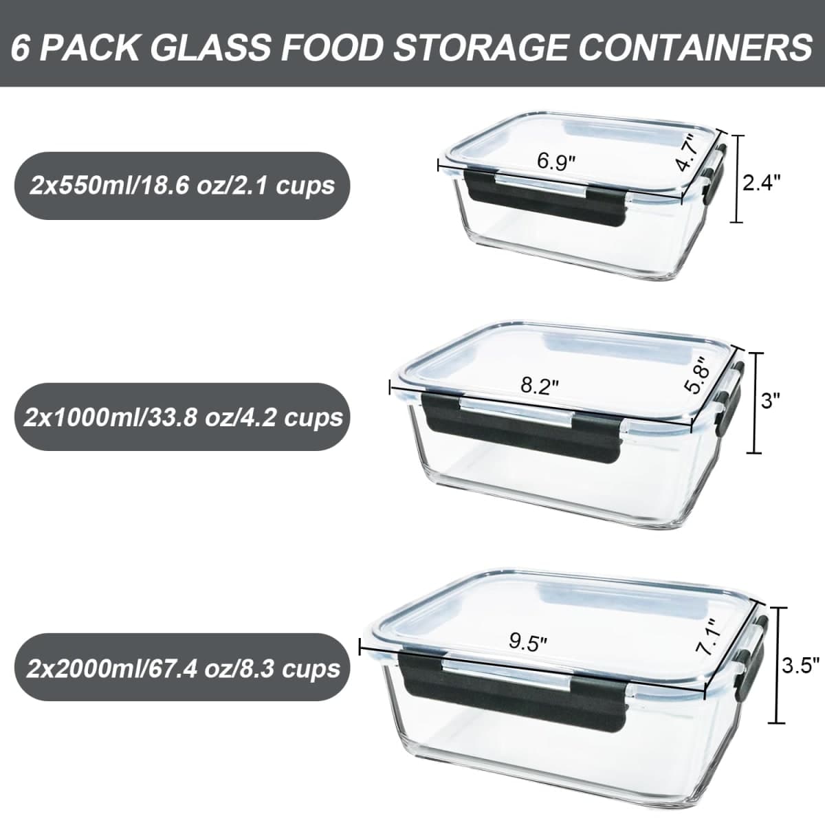 M MCIRCO 67.4oz(8.3 cup), 33.8oz(4.2 cup)& 18.6oz(2.1 cup) Extra Large Glass Food Storage Containers Set with Lids, 6 Pack Airtight Glass Storage Container for Microwave,Oven,Freezer Dishwasher thumbnail 2