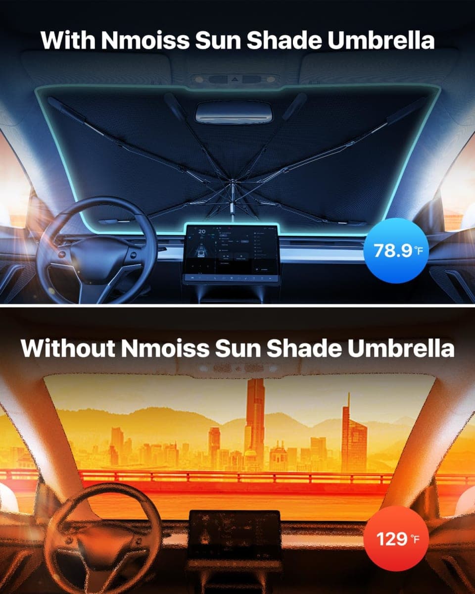 Nmoiss [2024 Upgrade] Sun Shade Umbrella for Car Windshield - [Newest Vinyl Coating] Protect Car from Sun Rays & Heat Damage Keep Cool and Protect Interior, Spring Structure Umbrella Edge Protect Interior, 145-24ZYS thumbnail 2
