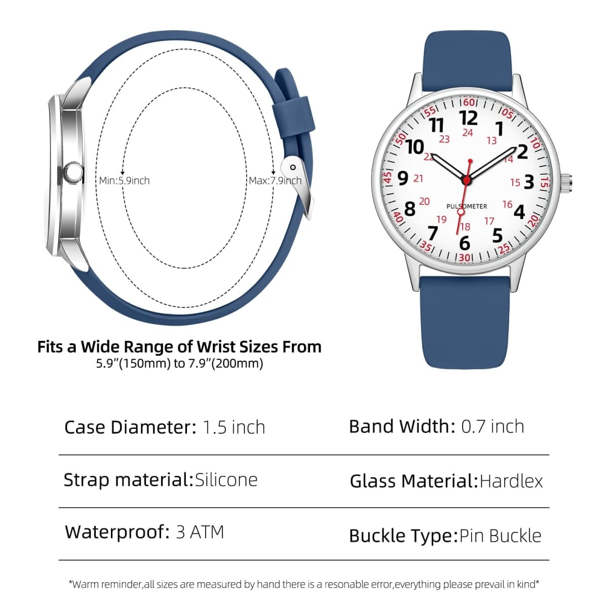 TWOPTION Nurse Watch for Women Waterproof Analog Silicone Watch with Second Hand Nursing Watch, BLUE, Professional and Fashionable thumbnail 2
