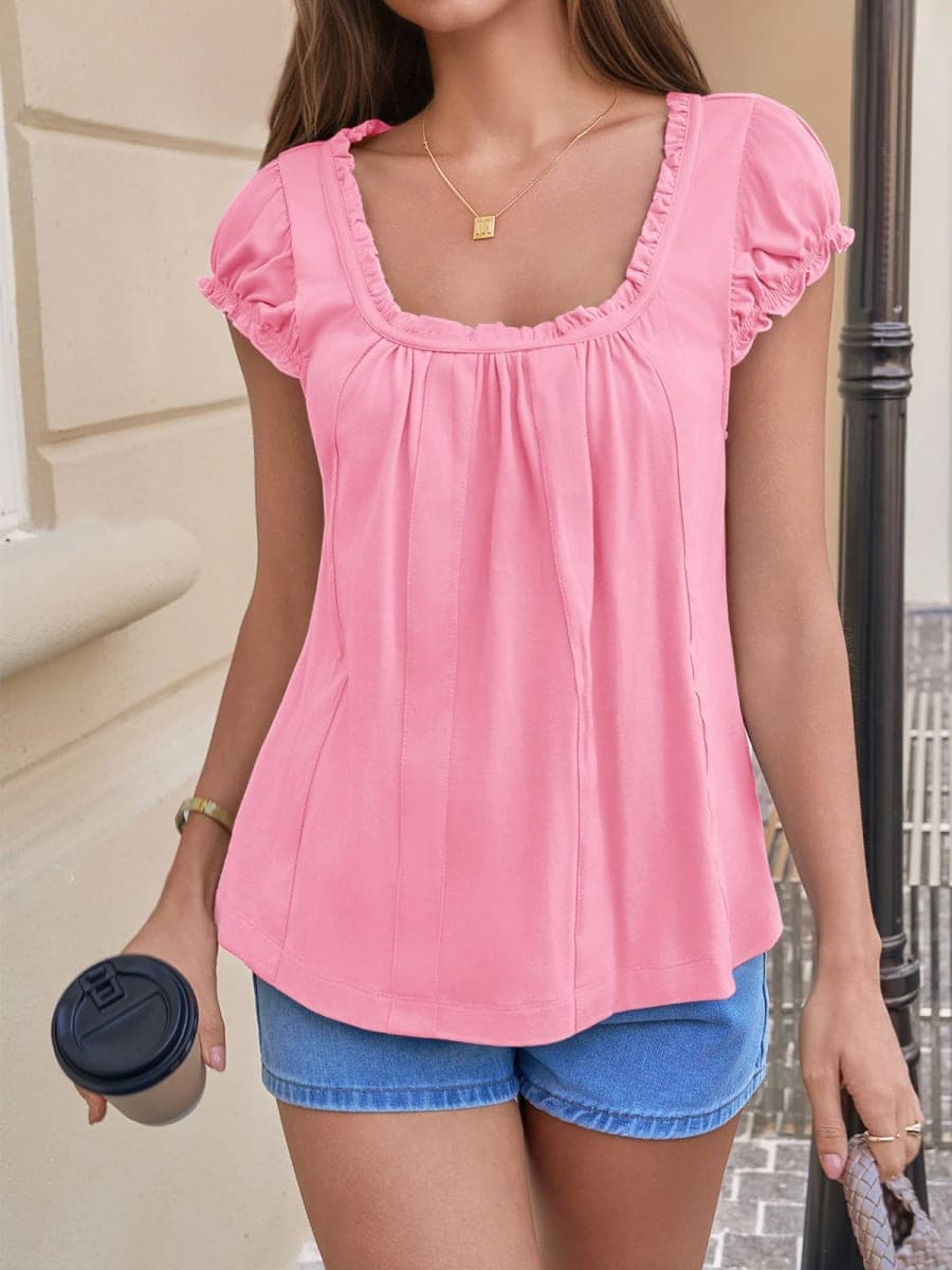 Tankaneo Womens Babydoll Tops Cap Puff Sleeve Ruffle Tank Tops Summer Scoop Neck Flowy Shirts Trendy Casual Pleated Blouse Pink thumbnail 4
