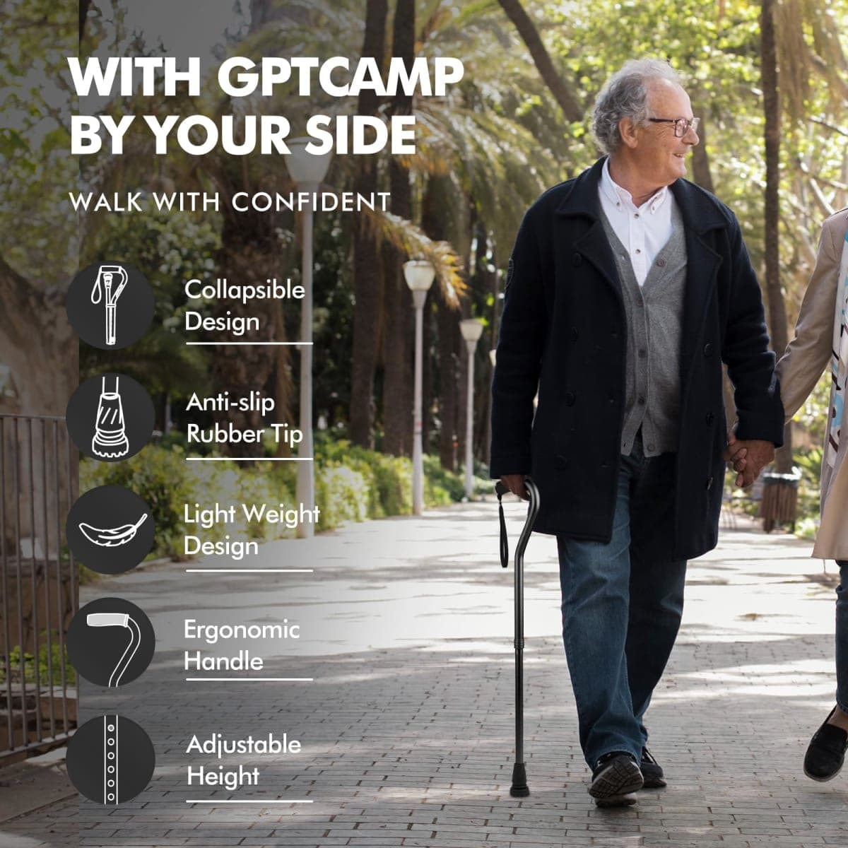 GPTCAMP Walking Cane and Walking Stick for Men Women,Lightweight Folding Canes with Offset Soft CushionedHandle,Adjustable&Collapsible,Mobility & Leg Surgery Recovery (Black) thumbnail 2