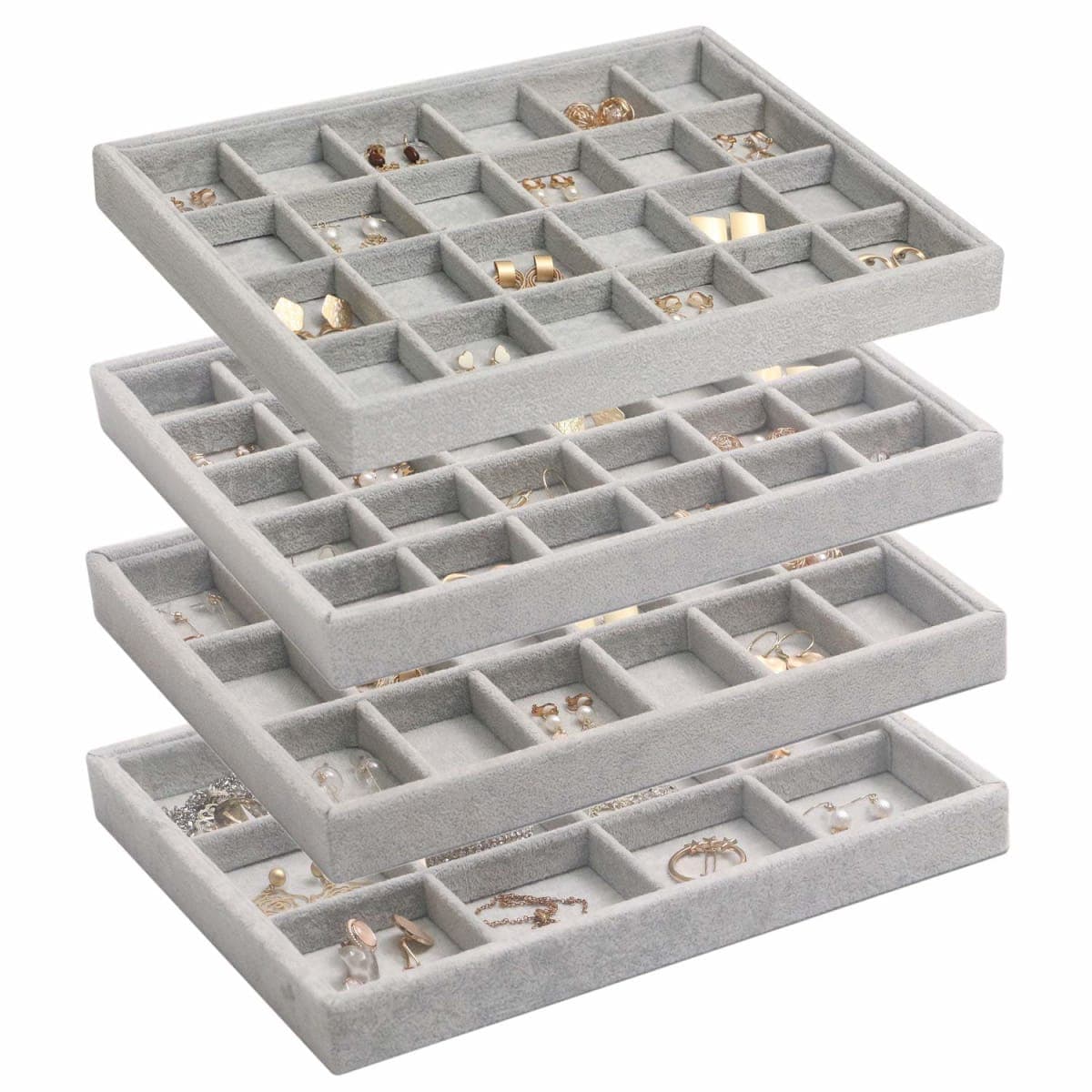 DIOMMELL Set of 4 Stackable Velvet Jewelry Trays Organizer, Jewelry Display Storage Box Showcase Holder Dresser Drawer Organizer for Earring Necklace Bracelet Ring Accessary, Grey — image 1