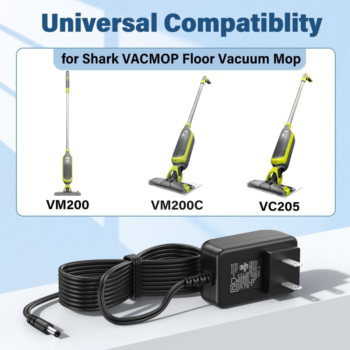 HIENADTOR Charger for Shark VACMOP VM200 VM200C VC205 Hard Floor Vacuum Mop, 6 FT Power Cord, 2 Power Plugs, Compatible with Shark VACMOP VM200 VM200C VC205, Proprietary Connector, Black thumbnail 2