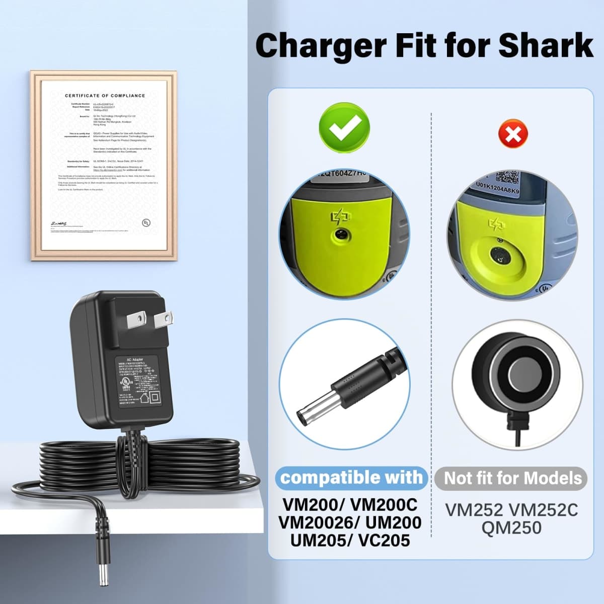 HIENADTOR Charger for Shark VACMOP VM200 VM200C VC205 Hard Floor Vacuum Mop, 6 FT Power Cord, 2 Power Plugs, Compatible with Shark VACMOP VM200 VM200C VC205, Proprietary Connector, Black thumbnail 3
