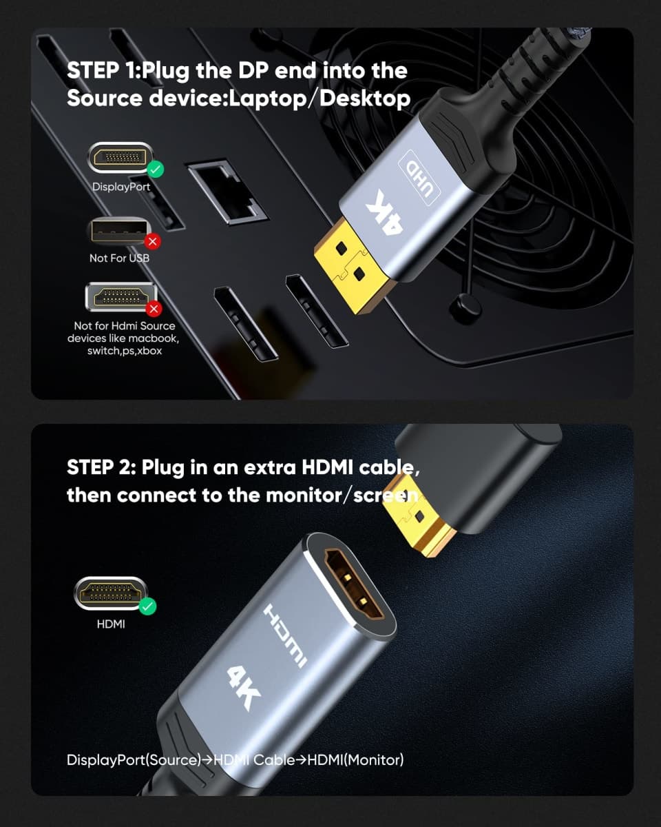 Highwings 4K Display Port to HDMI Adapter, Uni-Directional DP 1.2 Computer to HDMI 2.0 Screen, DisplayPort to HDMI Adapter (Male to Female), SR Anti-Break, No Latch, for Dell HP AMD NVIDIA, Passive thumbnail 3