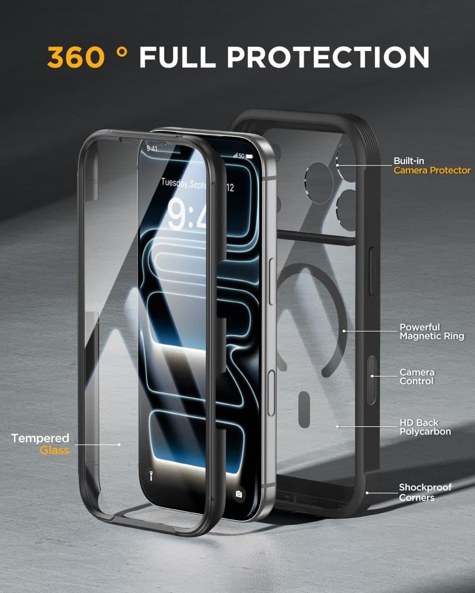 Miracase for iPhone 17 Pro Max Case 6.9" Full-Body Phone Case with Built-in Glass Screen Protector& Full Camera Protector, Camera Control [Magnetic with MagSafe] Drop Proof 17 ProMax Cover, Black thumbnail 2