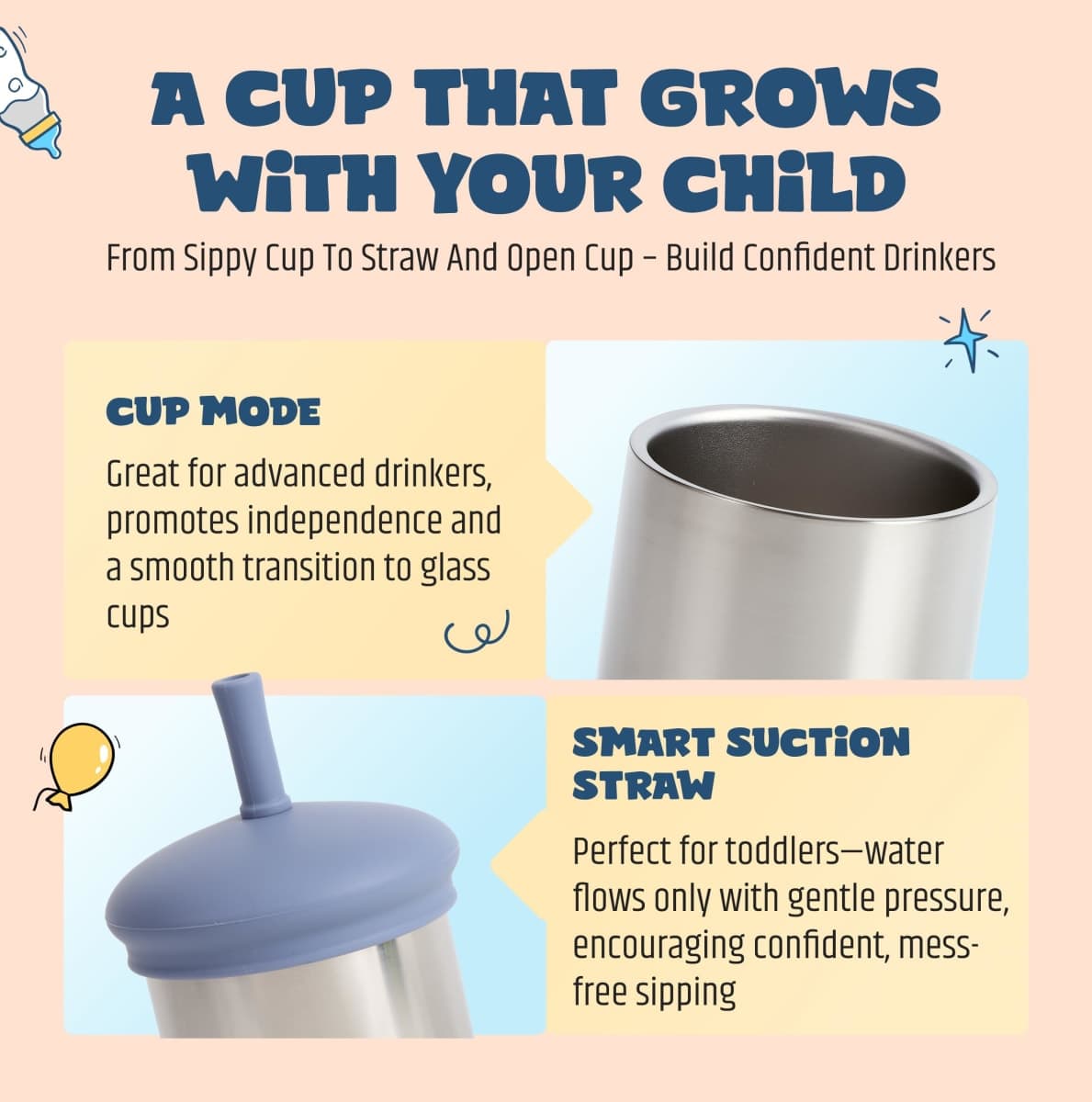 Jumble Dream Stainless Steel Toddler Straw Sippy Cup 7oz – Double Wall Insulated Spill Proof with Straw & Silicone Lid – BPA Free Cup for Toddlers 1-3, 2-4 Years – Dishwasher Safe Transition Cup thumbnail 2