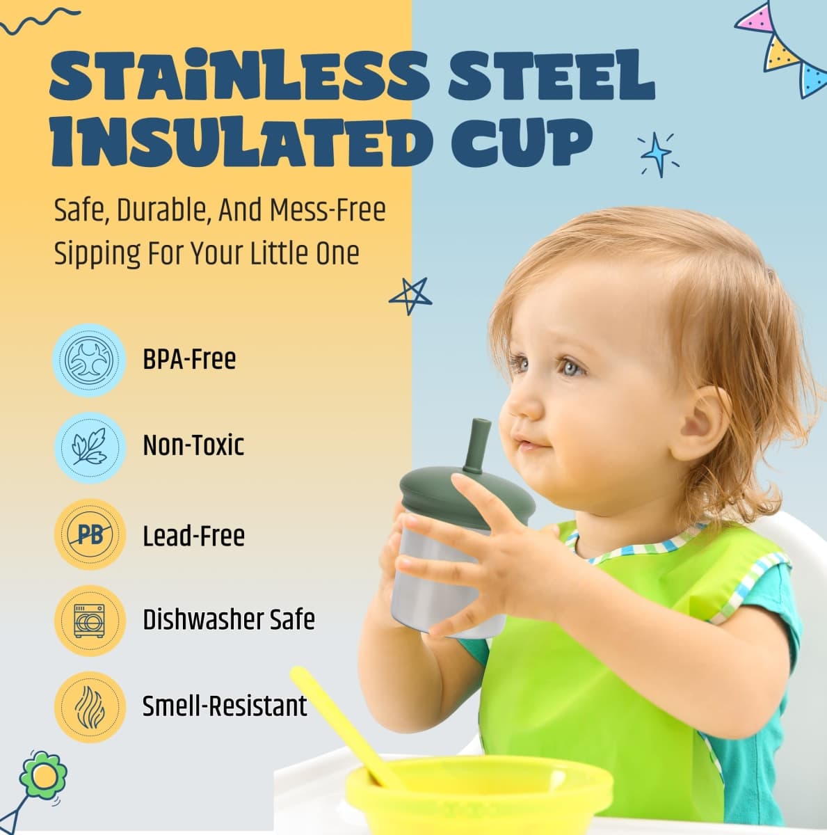 Jumble Dream Stainless Steel Toddler Straw Sippy Cup 7oz – Double Wall Insulated Spill Proof with Straw & Silicone Lid – BPA Free Cup for Toddlers 1-3, 2-4 Years – Dishwasher Safe Transition Cup thumbnail 5