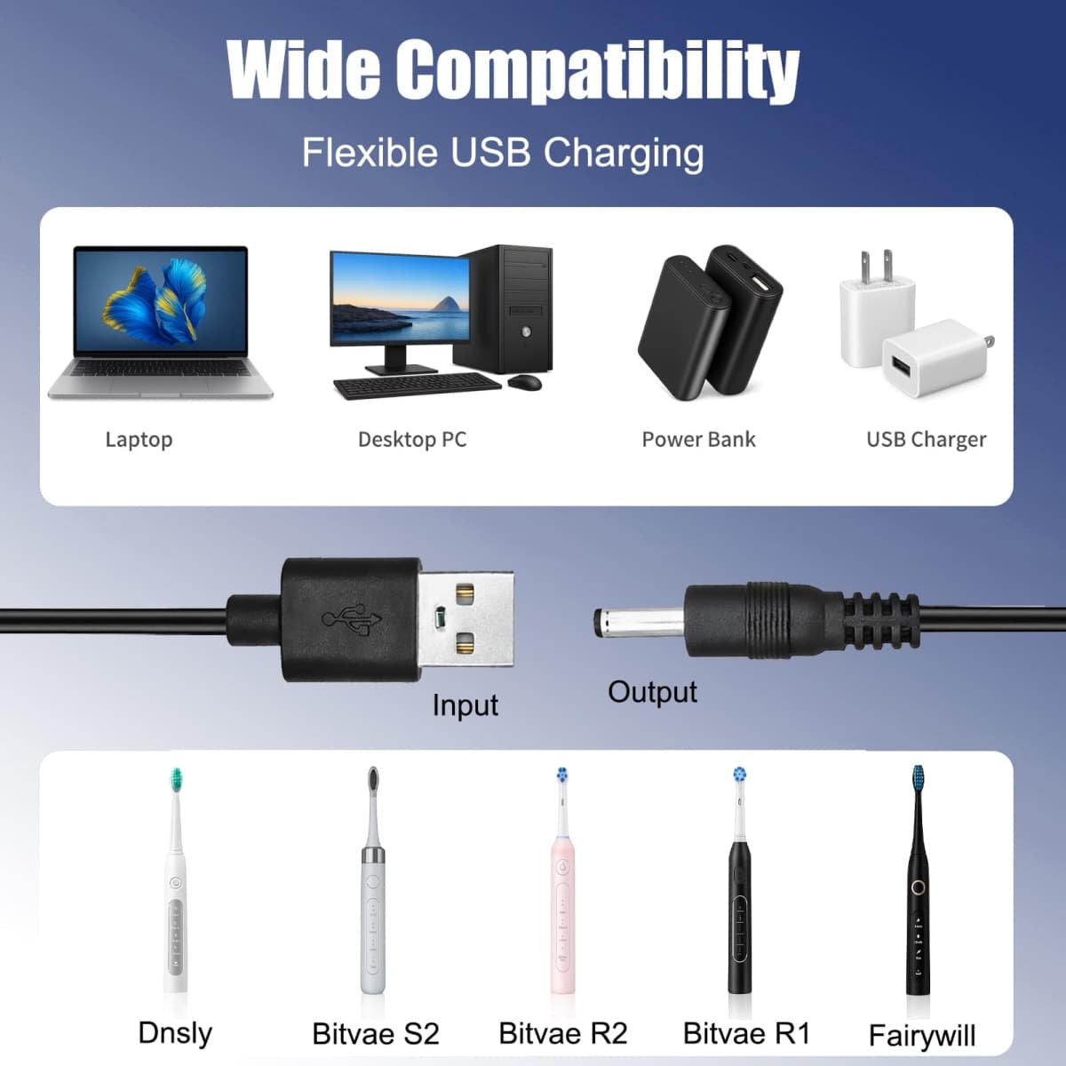 AZJCKEW USB Charger Cable Compatible with Bitvae D2 R1 R2 S2 Fairywill 917 508 507 D1 D3 D7 D8 7AM2M AM105 AM110 Sonic Toothbrush, DC 3.5mm USB Charging Cord, 5FT Black Cable thumbnail 4