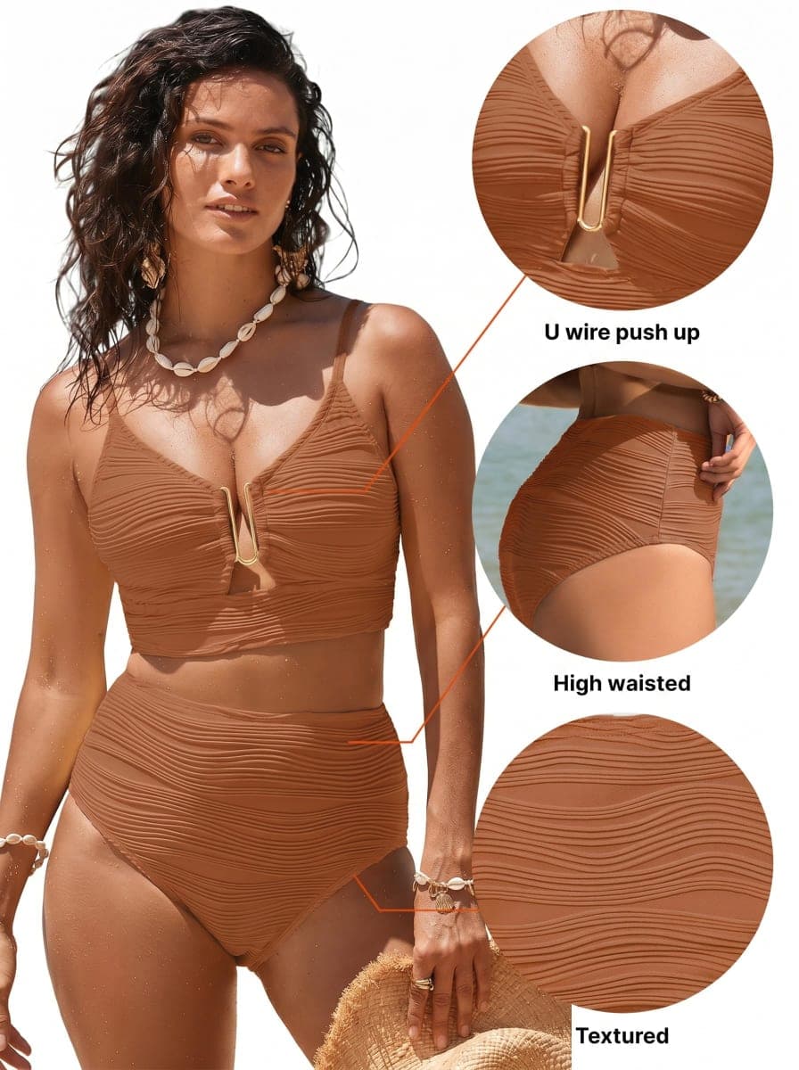Herseas 2 Piece Bestselling Bikini Set U-Wire Cutout Swimsuit High Waisted Textured 2025 Summer Beach Swim Bathing Suits thumbnail 4