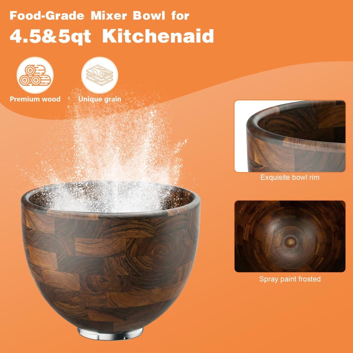 Premium Walnut Wood Mixing Bowl Compatible with KitchenAid 4.5 & 5 QT Tilt-Head Models thumbnail 2