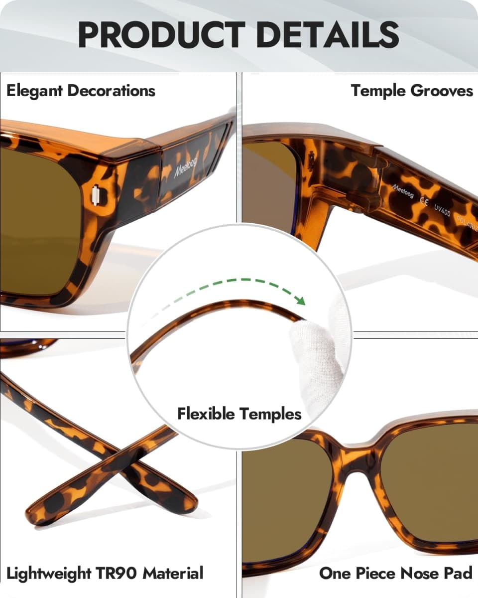 Meeloog Polarized Fit Over Glasses Sunglasses for Women Men, Rectangle Wrap Around Covers Shades for Driving MST0072, P1 Tortoise Frame/Brown Lens thumbnail 3