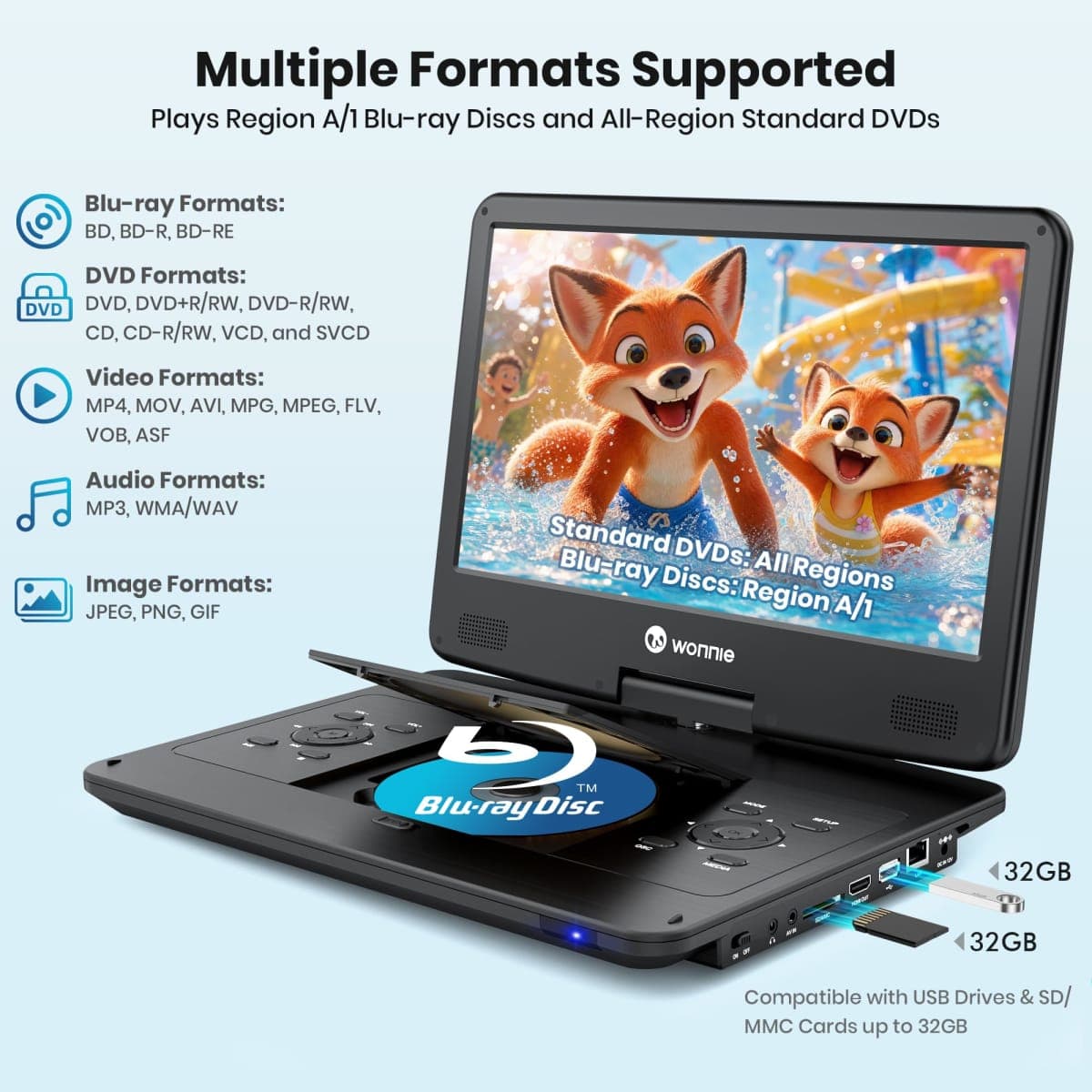 WONNIE 16.9" Portable Blu ray DVD Player with 14.1" 1080P HD Swivel Screen, 4-Hour Rechargeable Battery, Supports HDMI Output, Surround Audio, Last Memory, USB/SD Card, AV in thumbnail 3