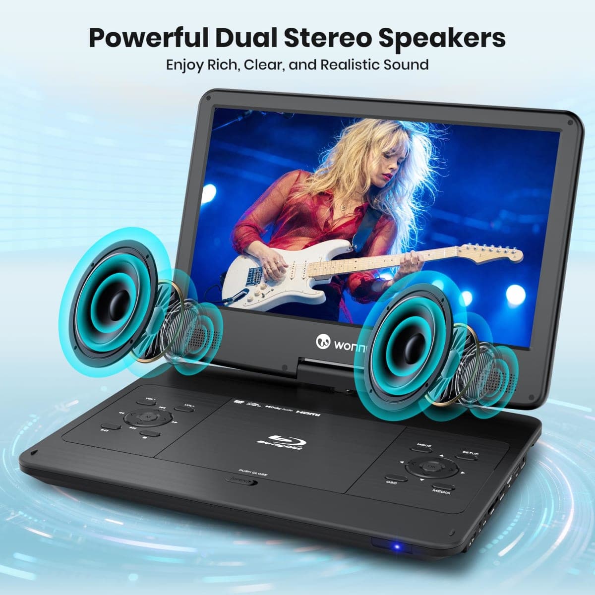 WONNIE 16.9" Portable Blu ray DVD Player with 14.1" 1080P HD Swivel Screen, 4-Hour Rechargeable Battery, Supports HDMI Output, Surround Audio, Last Memory, USB/SD Card, AV in thumbnail 4