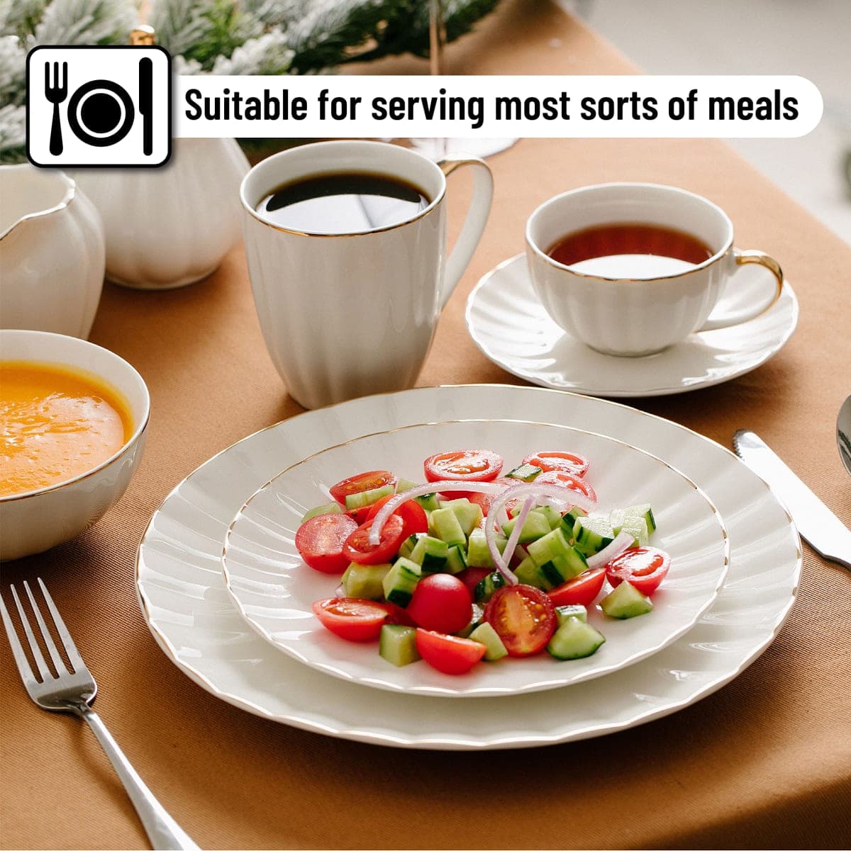 BTaT- Porcelain Dinner Plates with Gold Trim,10.5 inch, Set of 6, White Dinner Plates Bulk, Christmas Gifts thumbnail 4