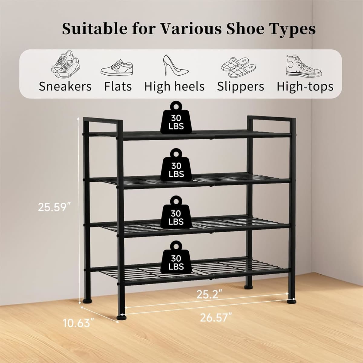 DongRong Simple 4 Tier Shoe Rack,Metal Stackable Shoe Storage Organizer for Closet,Entryway, Bedroom, Black (Black, 4-Tier) thumbnail 2