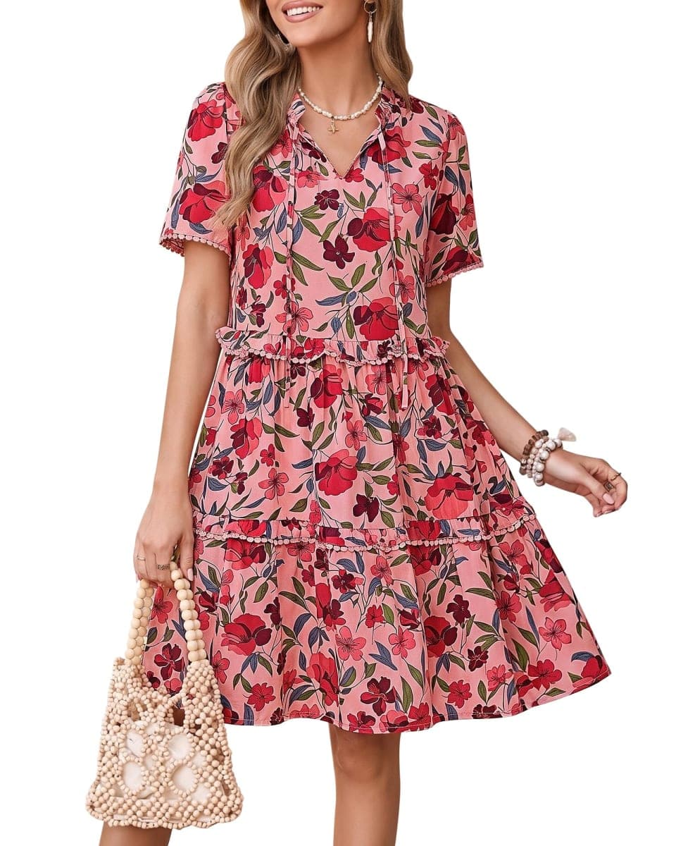 GRAPENT Wedding Guest Dresses for Women Vacation Western Ruffle Dress Floral Spring Boho Babydoll Ladies Floral Casual Summer Dress, Pink Floral, S, US Size 4 to 6 — image 1