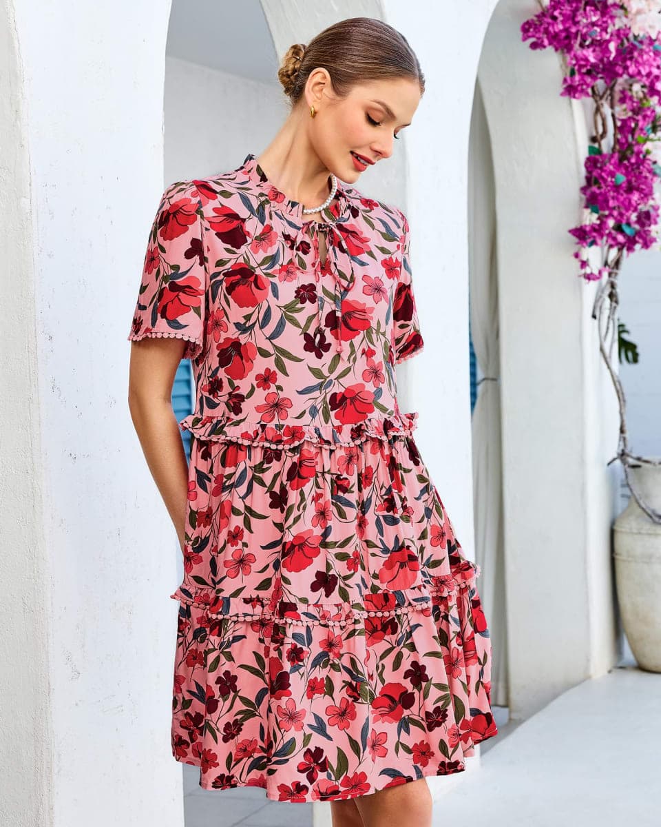 GRAPENT Wedding Guest Dresses for Women Vacation Western Ruffle Dress Floral Spring Boho Babydoll Ladies Floral Casual Summer Dress, Pink Floral, S, US Size 4 to 6 thumbnail 4