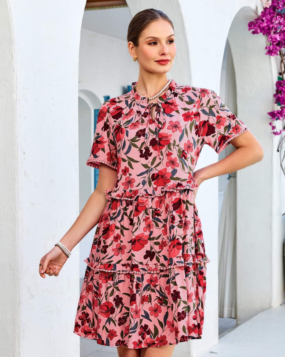 GRAPENT Wedding Guest Dresses for Women Vacation Western Ruffle Dress Floral Spring Boho Babydoll Ladies Floral Casual Summer Dress, Pink Floral, S, US Size 4 to 6 thumbnail 5