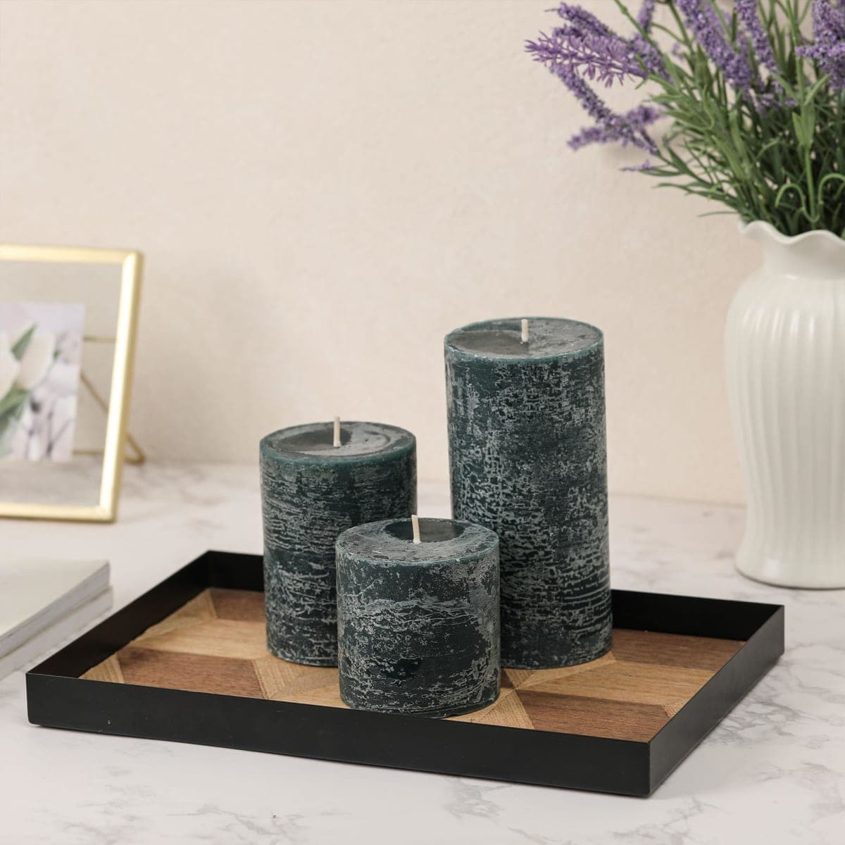 3x4 Inch Dark Green Pillar Candles Set of 3 - Hand-Poured Unscented Candles, Long Clean Burning, Dusty Sage Candle, Smokeless Dripless Candle for Dinner Table, Wedding, Home, Rustic Decor thumbnail 2