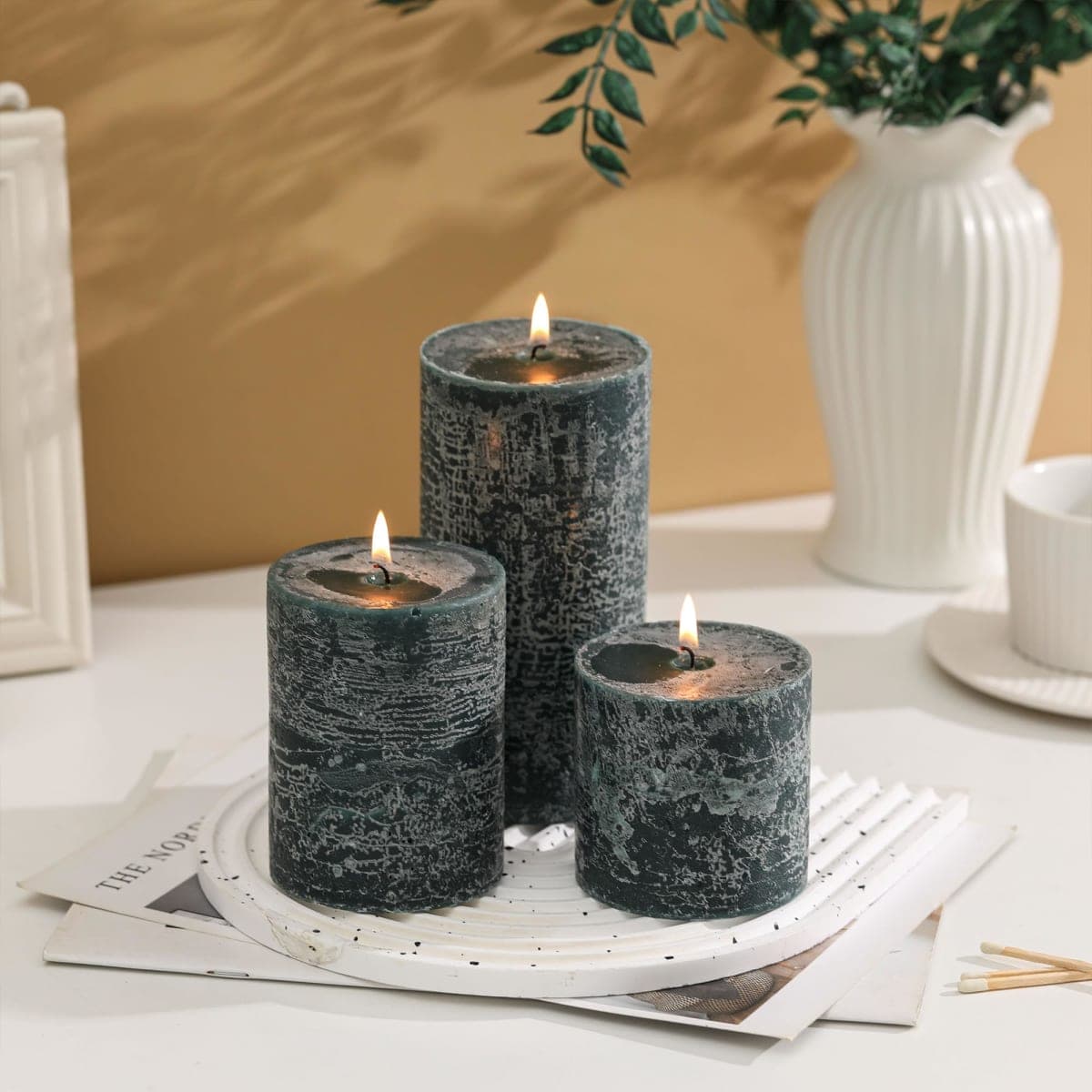 3x4 Inch Dark Green Pillar Candles Set of 3 - Hand-Poured Unscented Candles, Long Clean Burning, Dusty Sage Candle, Smokeless Dripless Candle for Dinner Table, Wedding, Home, Rustic Decor thumbnail 3