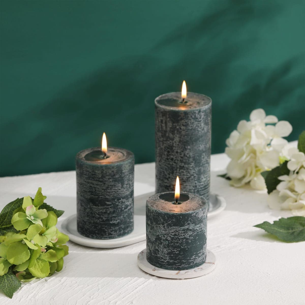 3x4 Inch Dark Green Pillar Candles Set of 3 - Hand-Poured Unscented Candles, Long Clean Burning, Dusty Sage Candle, Smokeless Dripless Candle for Dinner Table, Wedding, Home, Rustic Decor thumbnail 4