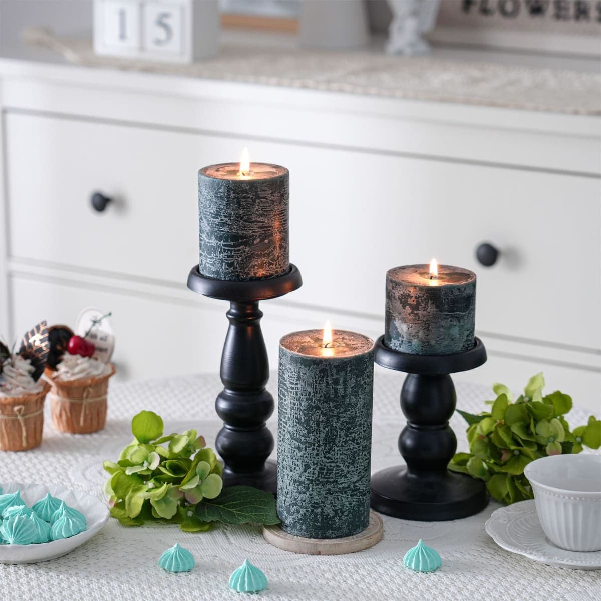 3x4 Inch Dark Green Pillar Candles Set of 3 - Hand-Poured Unscented Candles, Long Clean Burning, Dusty Sage Candle, Smokeless Dripless Candle for Dinner Table, Wedding, Home, Rustic Decor thumbnail 5