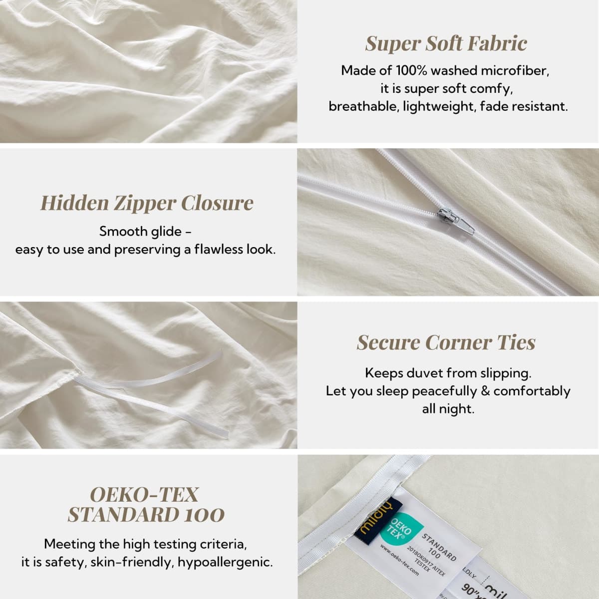 MILDLY Super Soft Duvet Cover - 100% Washed Microfiber Off White Comforter Cover Set 3 Pieces with Zipper Closure & Corner Ties thumbnail 3