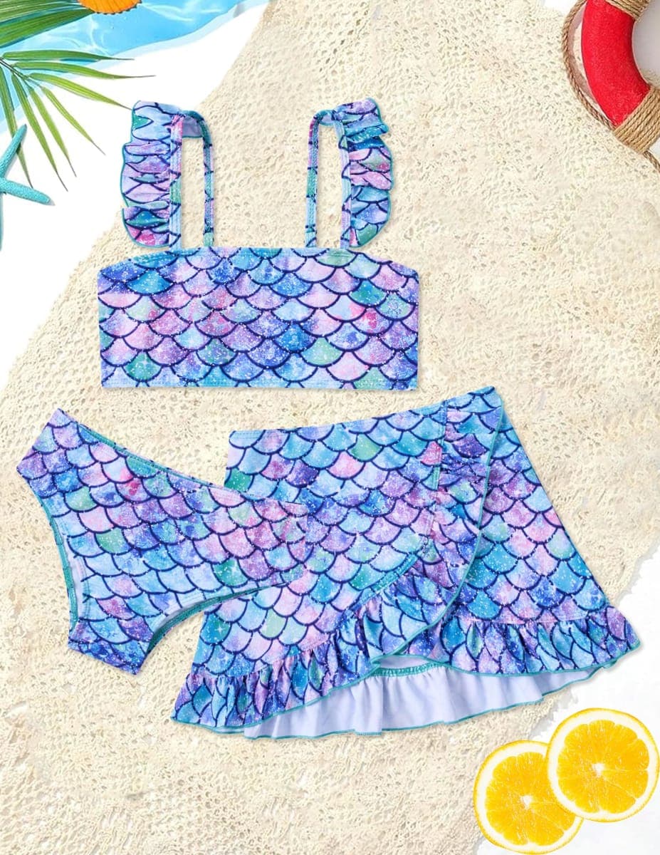 ALISISTER Girls Bathing Suits 3 Piece Swimsuit Summer Bikini Tankini Sets with Cover Up Skirt for 5-12 Years, 02 Mermaid-01, 7-8 Years thumbnail 2