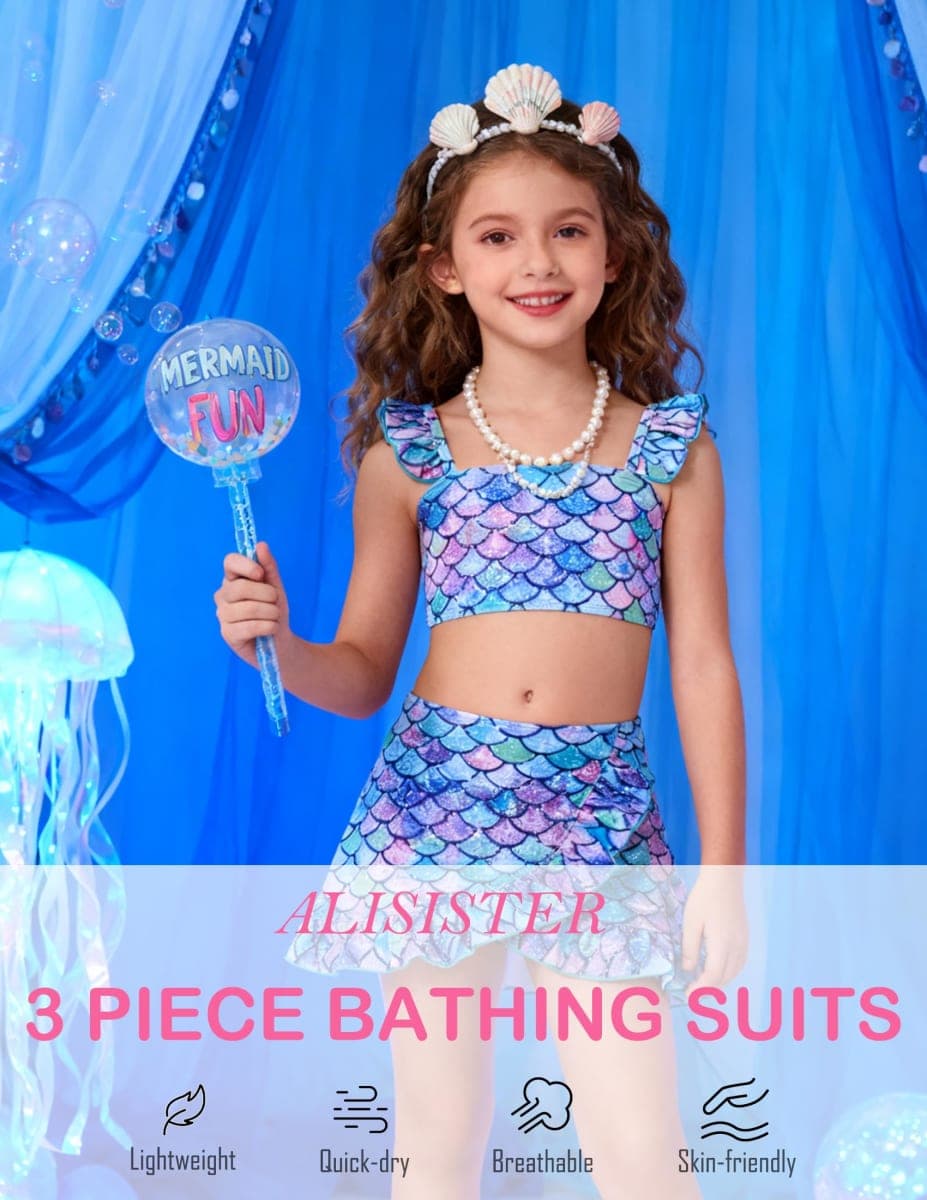 ALISISTER Girls Bathing Suits 3 Piece Swimsuit Summer Bikini Tankini Sets with Cover Up Skirt for 5-12 Years, 02 Mermaid-01, 7-8 Years thumbnail 4